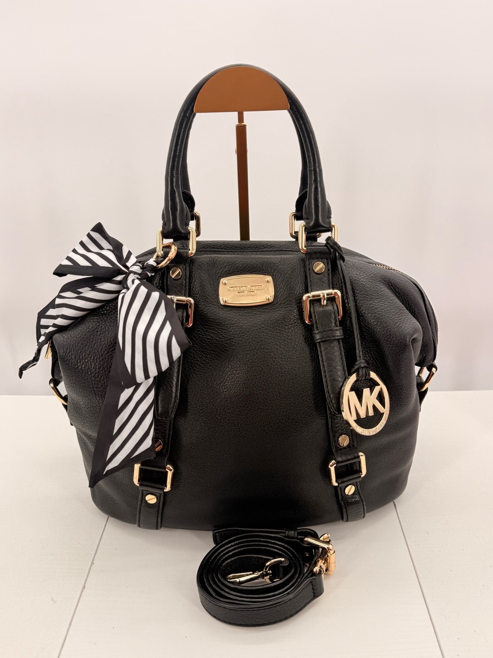 MICHAEL KORS Bedford Belted Black Leather Satchel Crossbody Bag